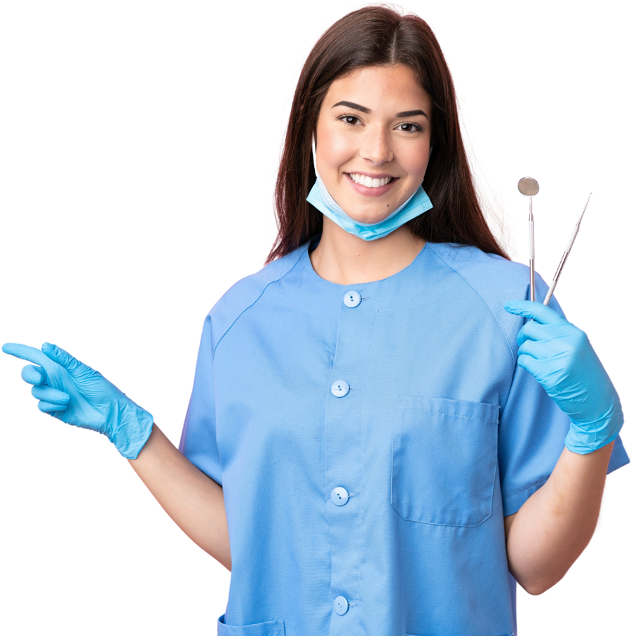 Dental assistant points to the button to schedule a consultation with a Smile Agency specialist.